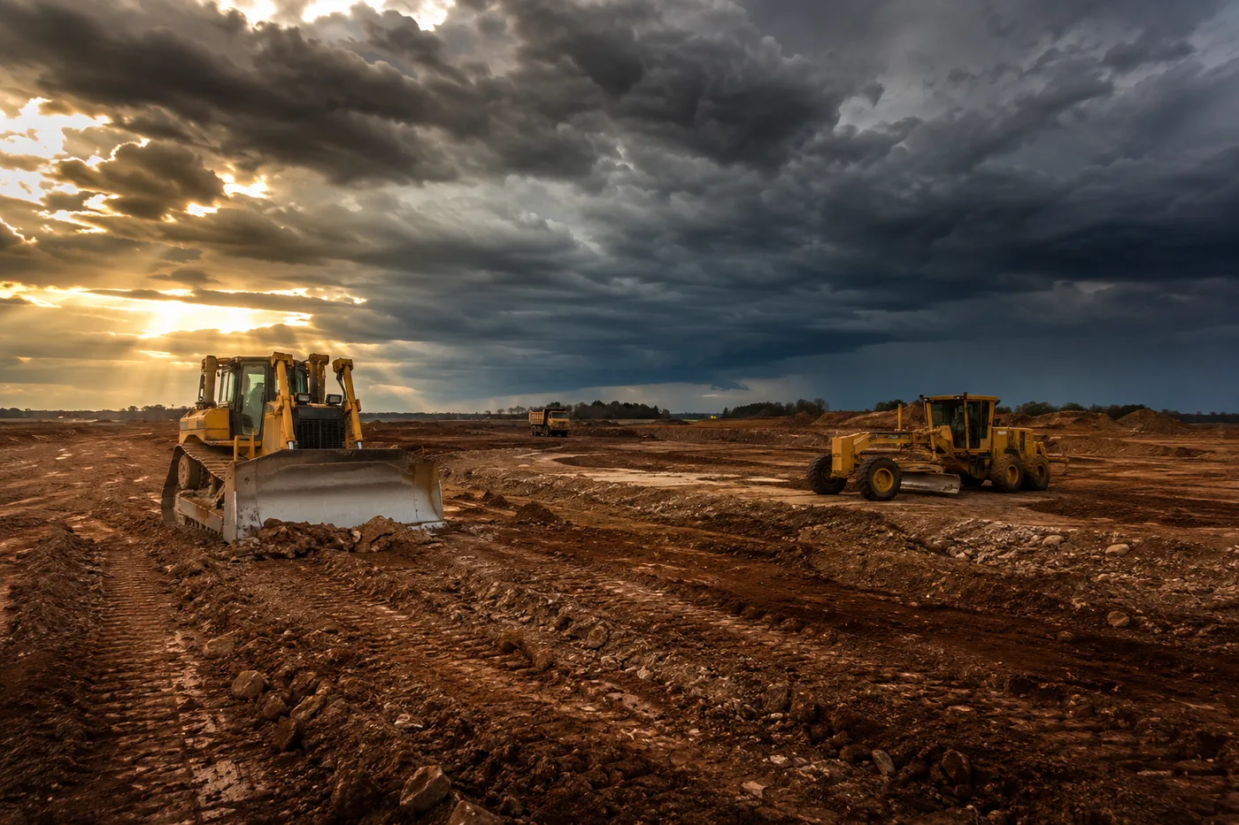Earthwork site with storm clouds