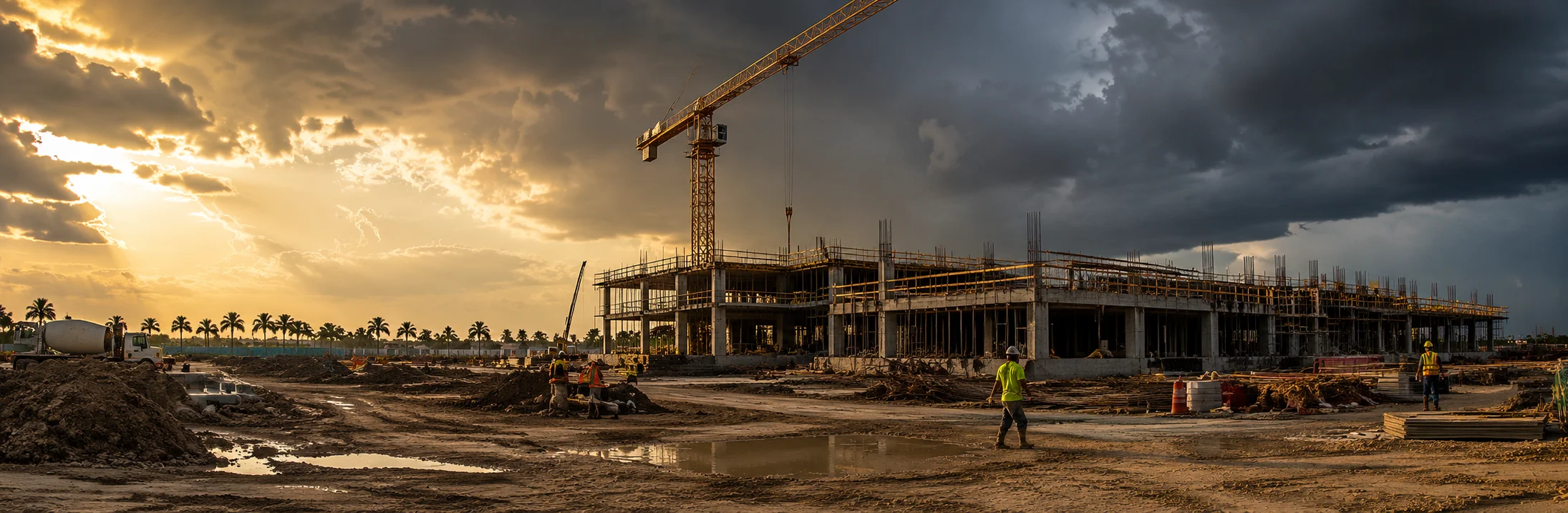 Florida construction site with storm clouds