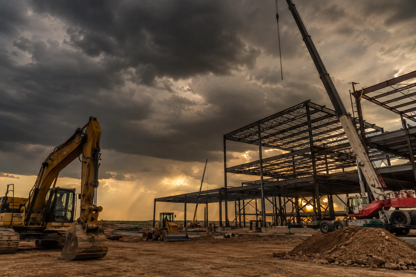 Texas construction site with storm clouds